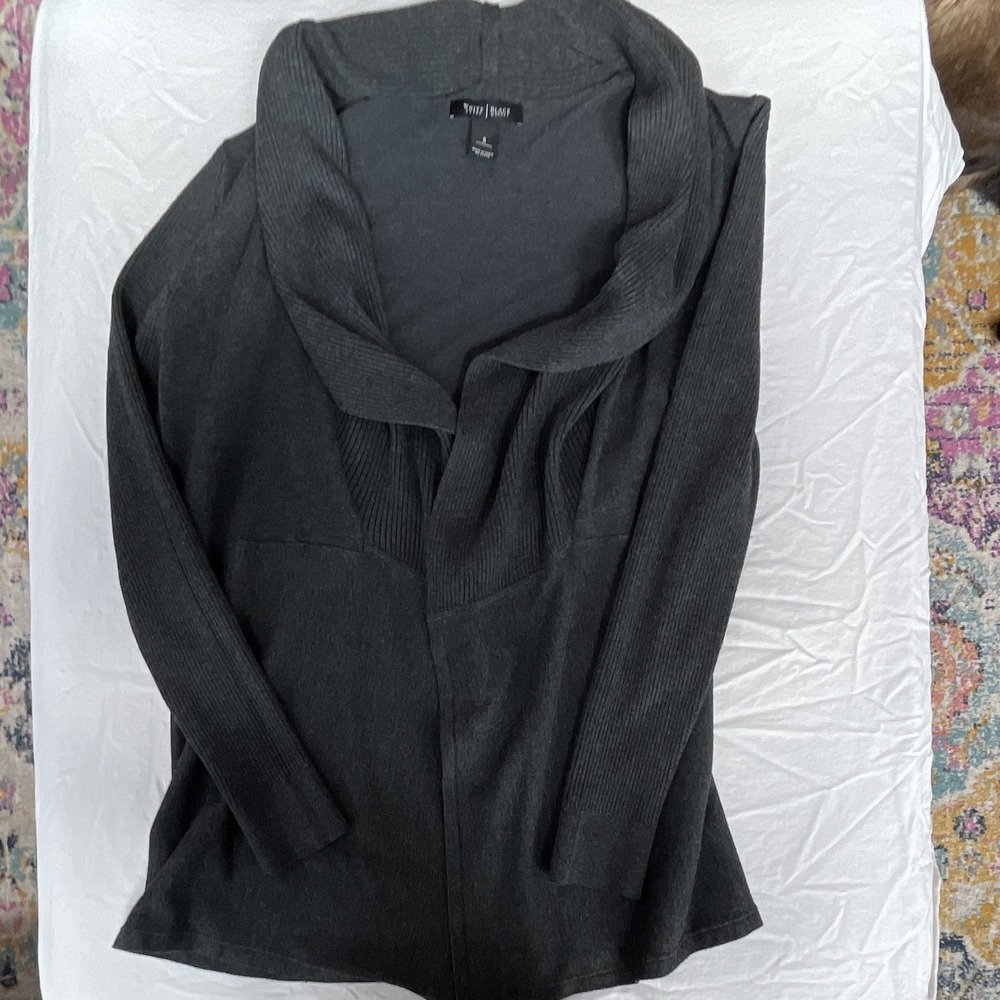White House Black Market Charcoal Gray Ribbed Shawl Collar Open Cardigan Small - Picture 1 of 4